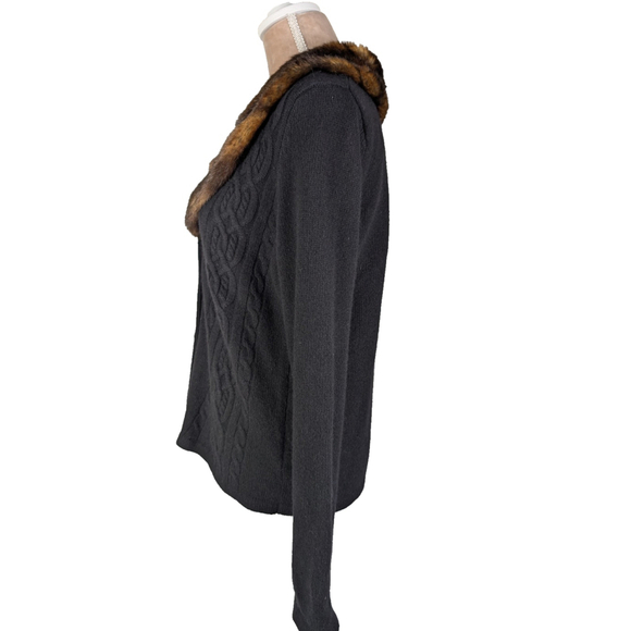 Lauren Ralph Lauren Cable Knit Cardigan Sweater M Black Old Money Equestrian Fur - Picture 3 of 10